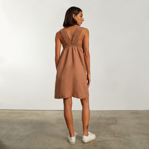 Everlane THE SMOCKED LINEN DRESS Tawny Brown Pockets Oversized Size XS - Picture 3 of 9